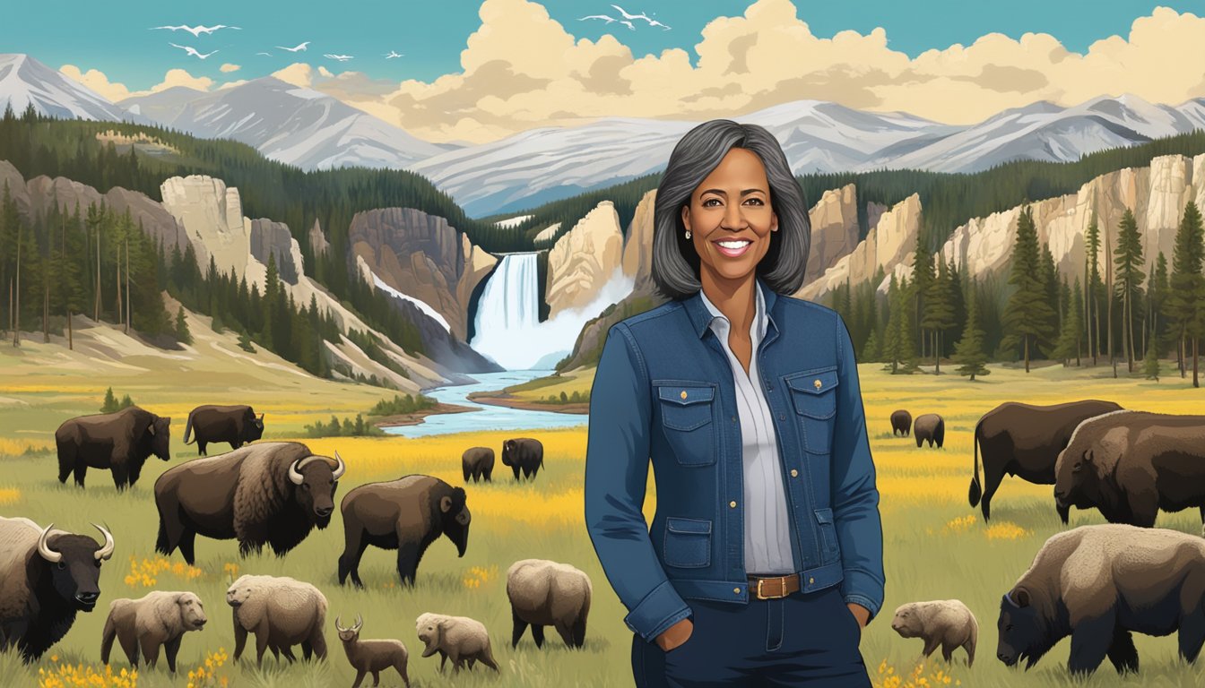 Governor Lynelle Perry stands in front of the majestic Yellowstone National Park, surrounded by diverse wildlife and vibrant flora