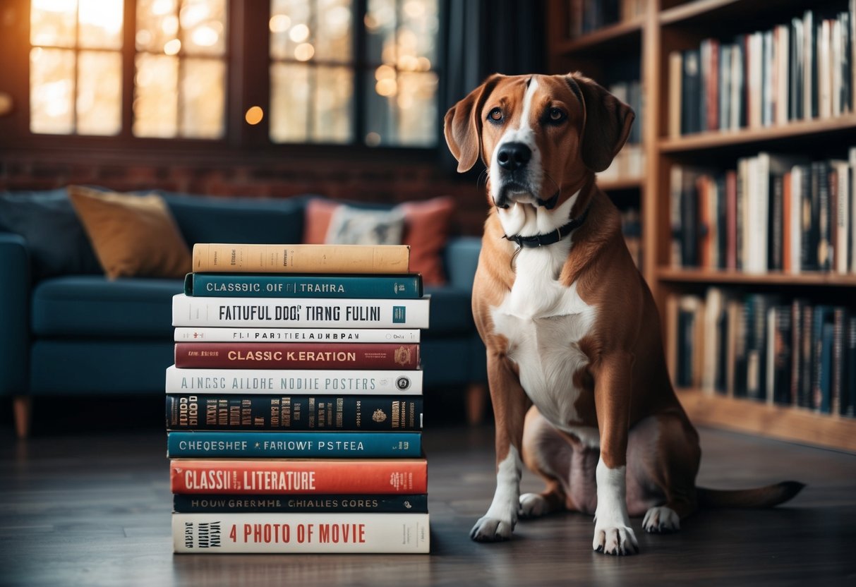 A faithful dog sitting beside a stack of classic literature and movie posters