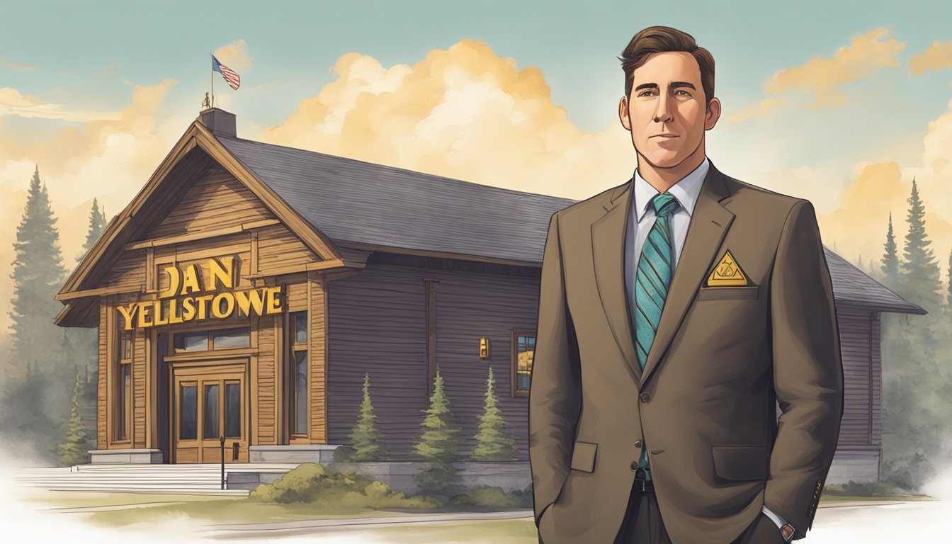 Dan Jenkins standing in front of a grand lodge, with the iconic Yellowstone sign in the background. He is wearing a suit and exudes confidence