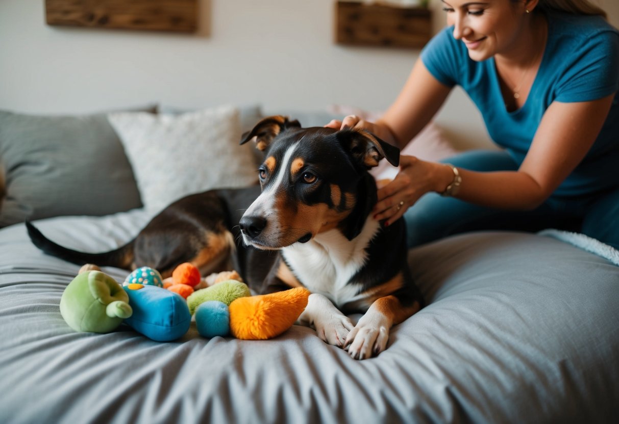 A pregnant dog resting in a cozy bed, surrounded by her favorite toys and receiving gentle pets from her owner