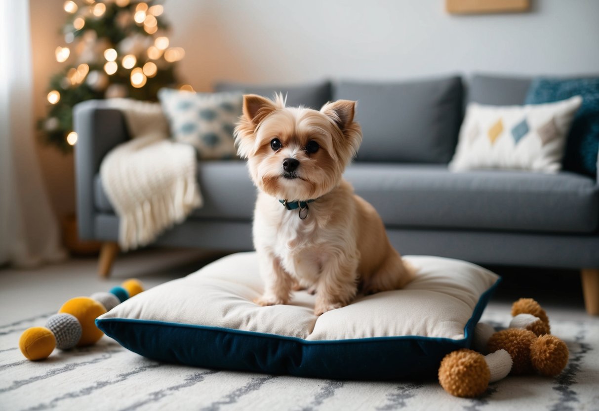 A small, fluffy dog sitting on a cushion, surrounded by toys and a cozy bed