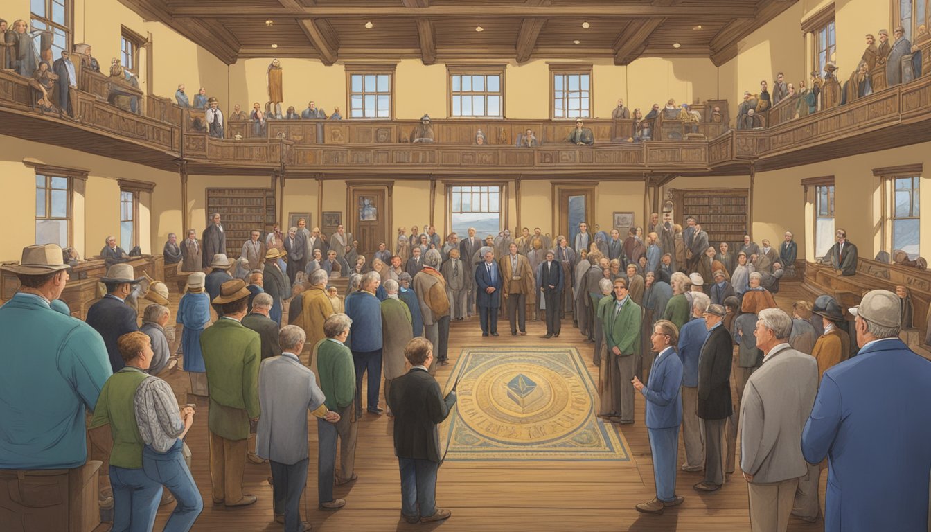 Dan Jenkins stands in front of a grand lodge, surrounded by a group of people from various backgrounds, symbolizing his cultural impact on Yellowstone