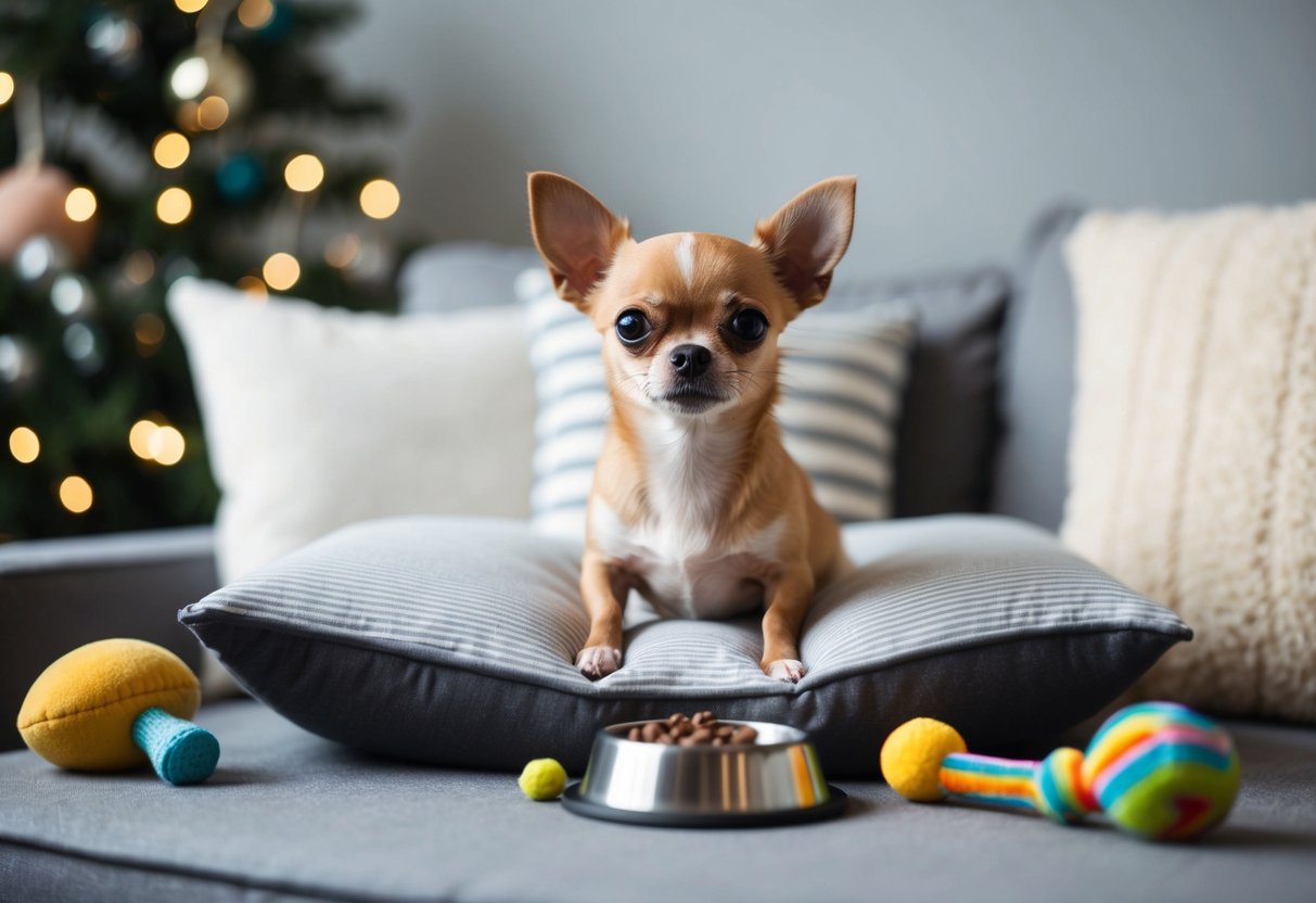 A small Chihuahua sitting on a cozy cushion, surrounded by toys and a small food bowl