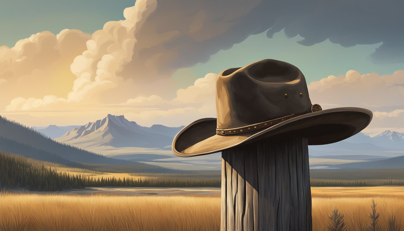 A rugged, weathered cowboy hat sits atop a wooden post, surrounded by the vast expanse of the Yellowstone National Park landscape