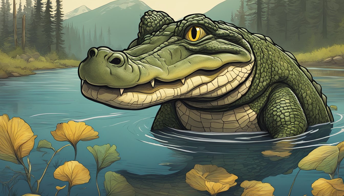 A detailed illustration of a gator character from Yellowstone, with distinct features and expressive body language, surrounded by related merchandise