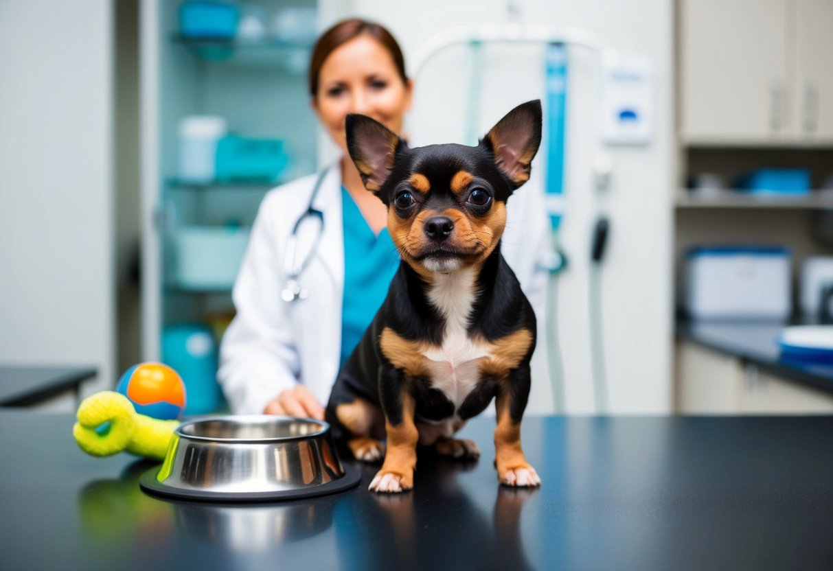A small dog sitting next to a water bowl and a toy, with a veterinarian in the background