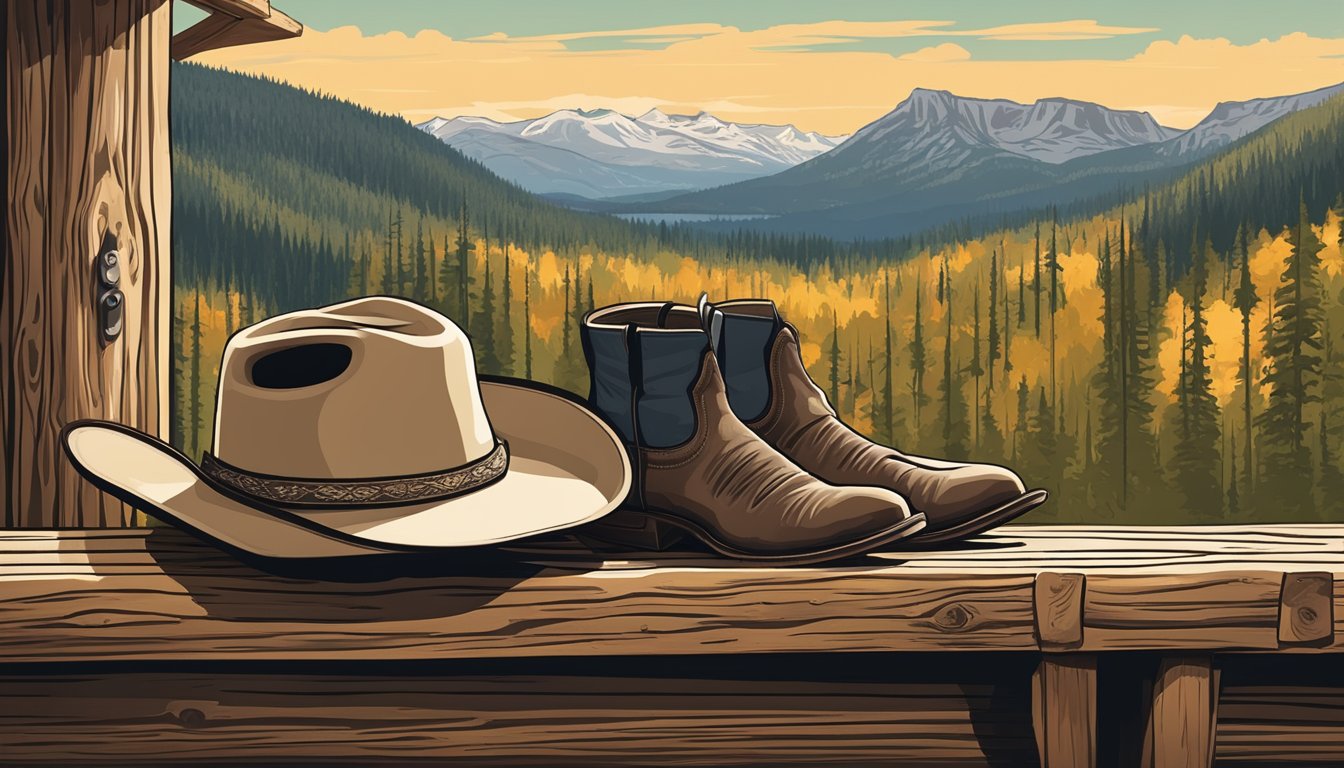 A rugged cowboy hat and weathered boots sit on a wooden bench in a rustic log cabin. A map of Yellowstone National Park hangs on the wall