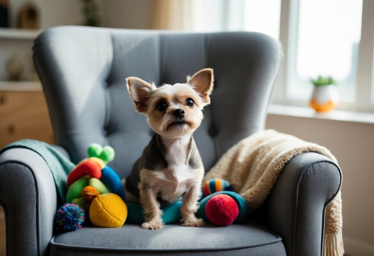 A small dog sitting on a cushioned chair, surrounded by toys and a cozy blanket, looking up with a curious expression