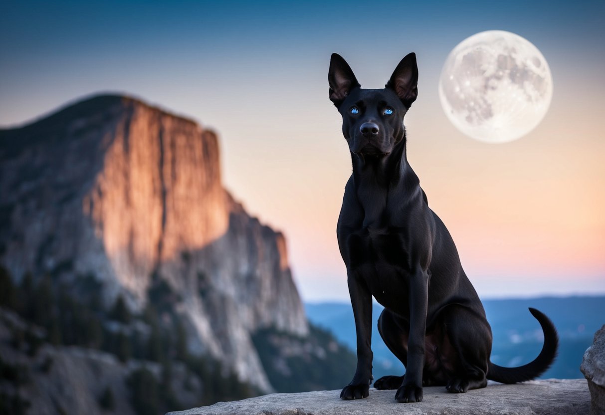 A sleek black dog with piercing blue eyes stands proudly on a rocky cliff, with the moon shining in the background