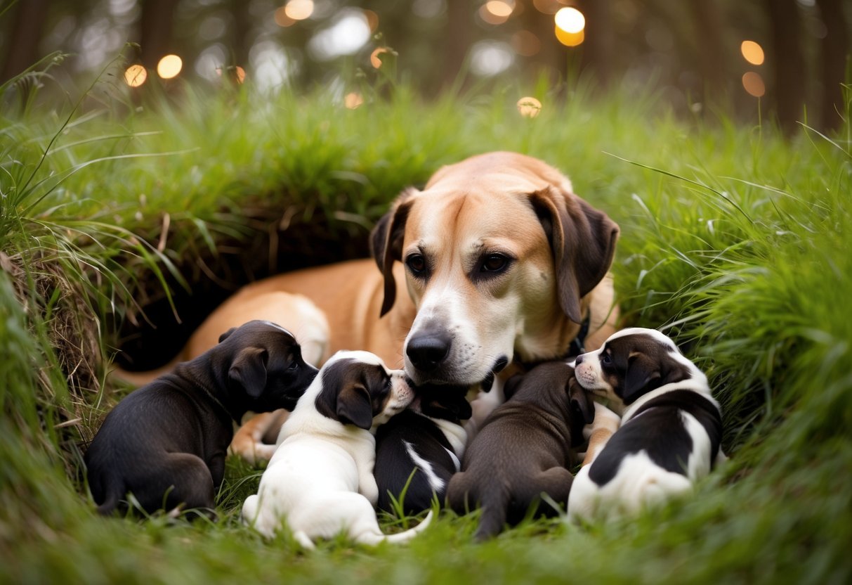 A female mother dog, also known as a dam, nurses her puppies in a cozy, grassy den