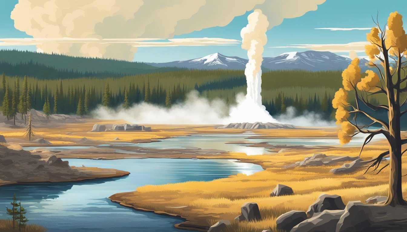 A rugged landscape with geysers and wildlife, set against the backdrop of the iconic Yellowstone National Park