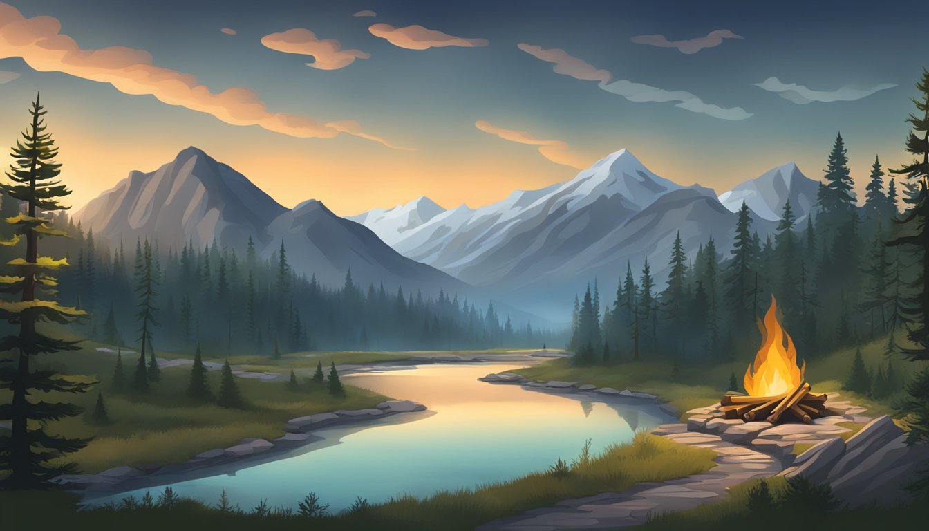 A rugged mountain landscape with a winding river, pine trees, and a campfire