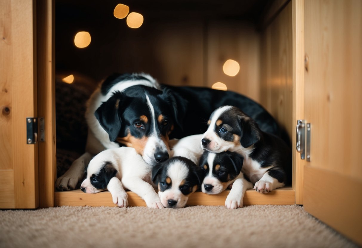 A female dog nursing her puppies in a cozy den