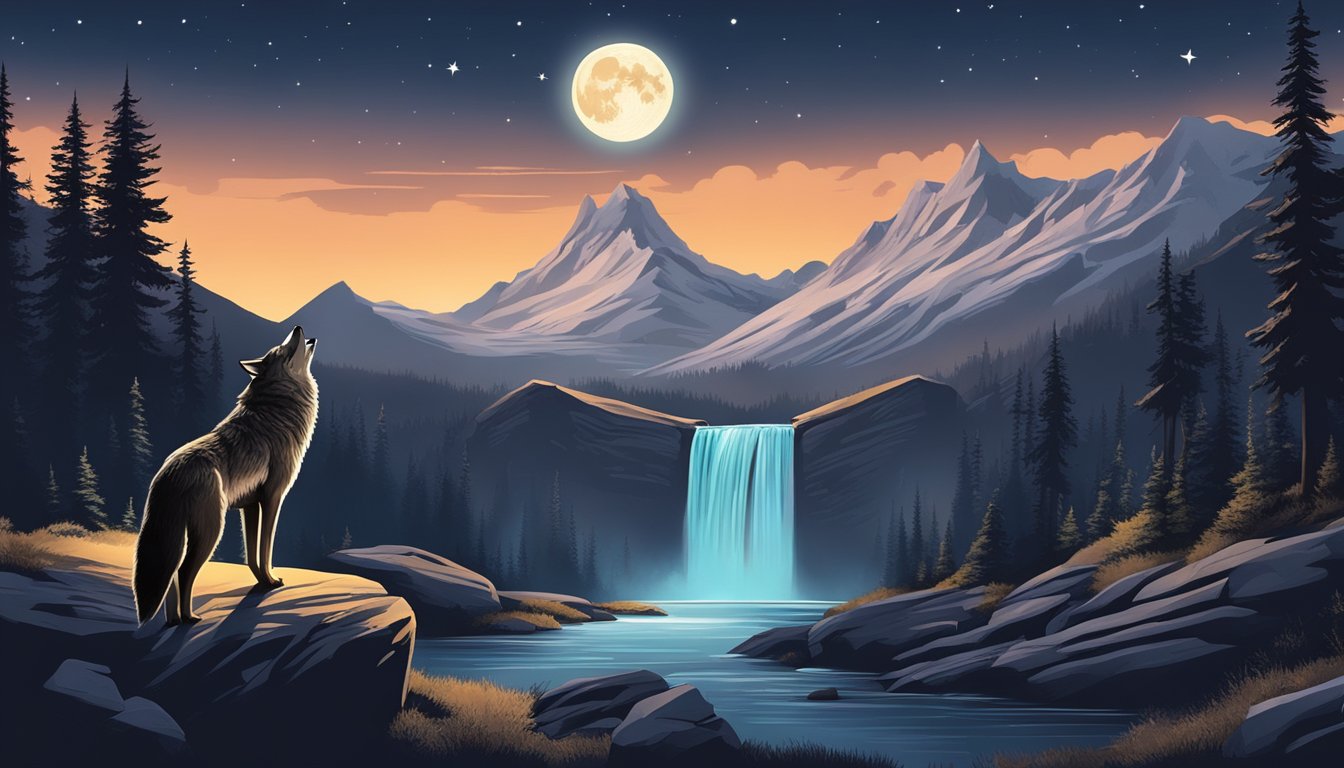 A rugged mountain landscape with a roaring waterfall and a lone wolf howling under the moonlit sky