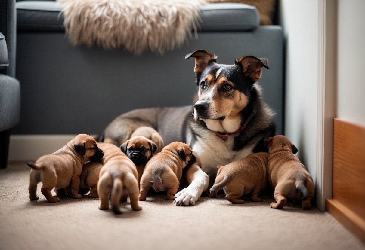A female mother dog, or dam, lies in a cozy corner of a room, surrounded by her squirming puppies. She watches over them with a gentle, protective gaze