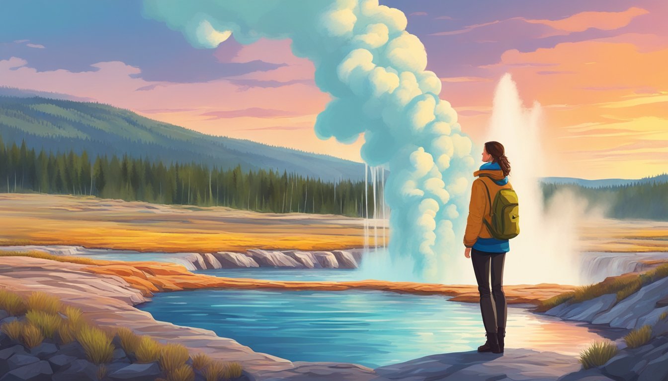 A young woman stands at the edge of a geyser, surrounded by the vibrant colors and unique landscape of Yellowstone National Park