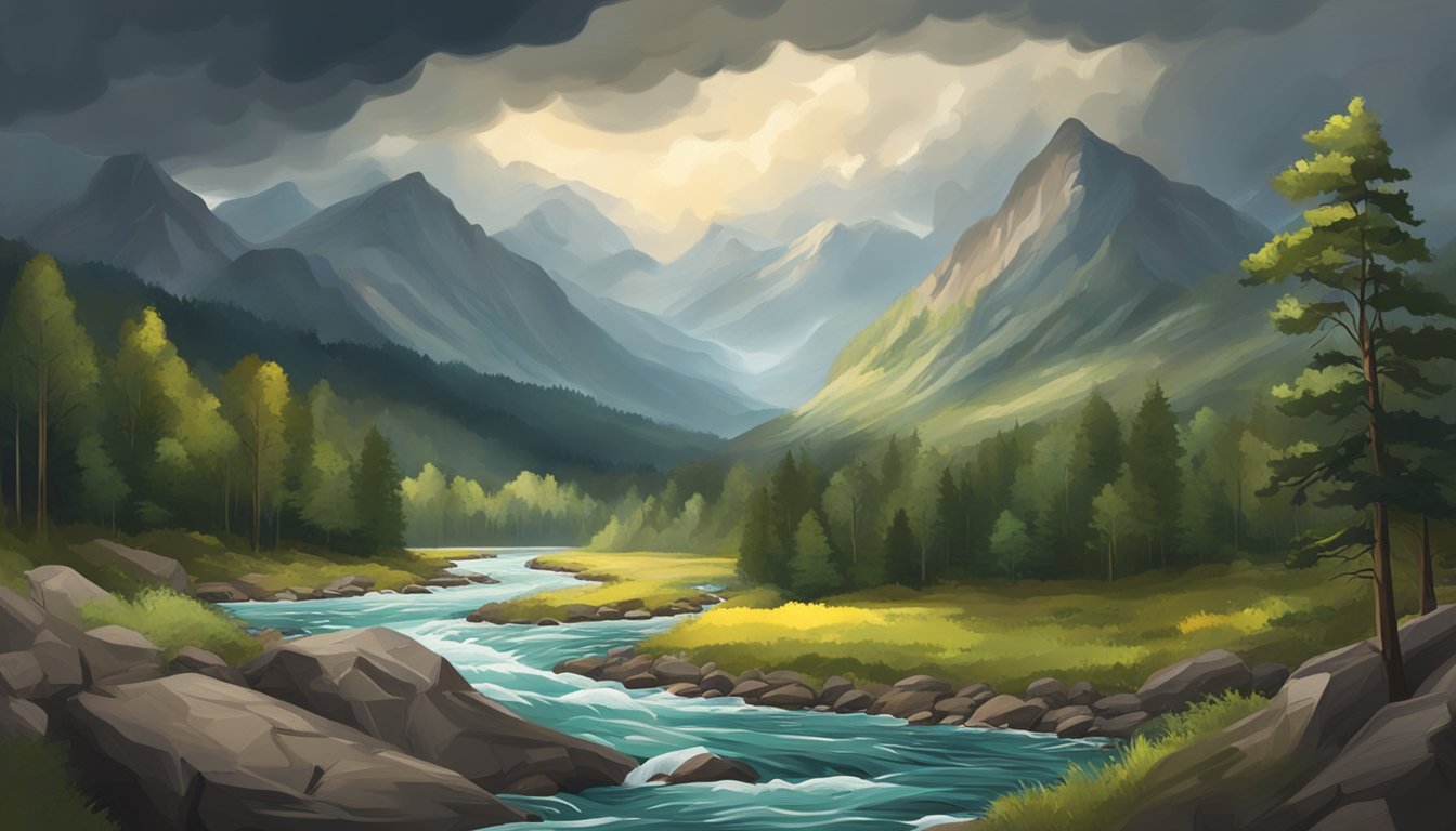 A rugged mountain landscape with a roaring river and dense forest, under a dramatic sky with storm clouds