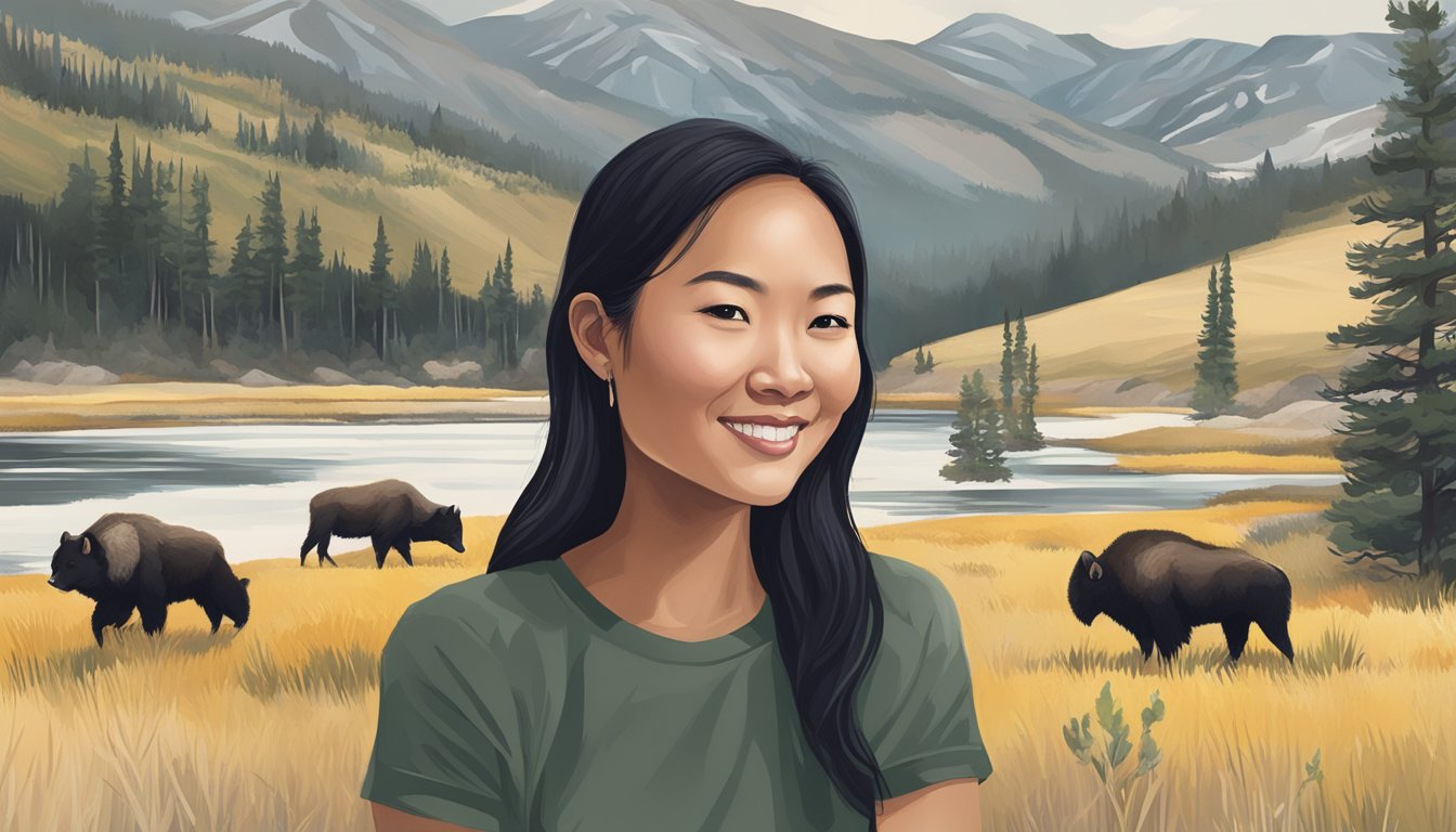 Sarah Nguyen in Yellowstone, surrounded by nature and wildlife, with a serene expression