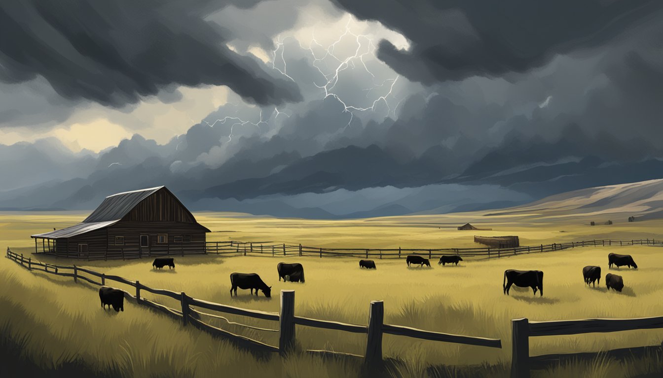 A rugged, remote ranch with grazing cattle and a looming storm overhead