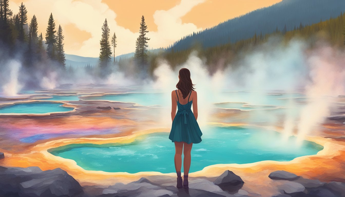 A young woman stands among geysers and colorful hot springs in Yellowstone National Park, surrounded by the beauty of nature