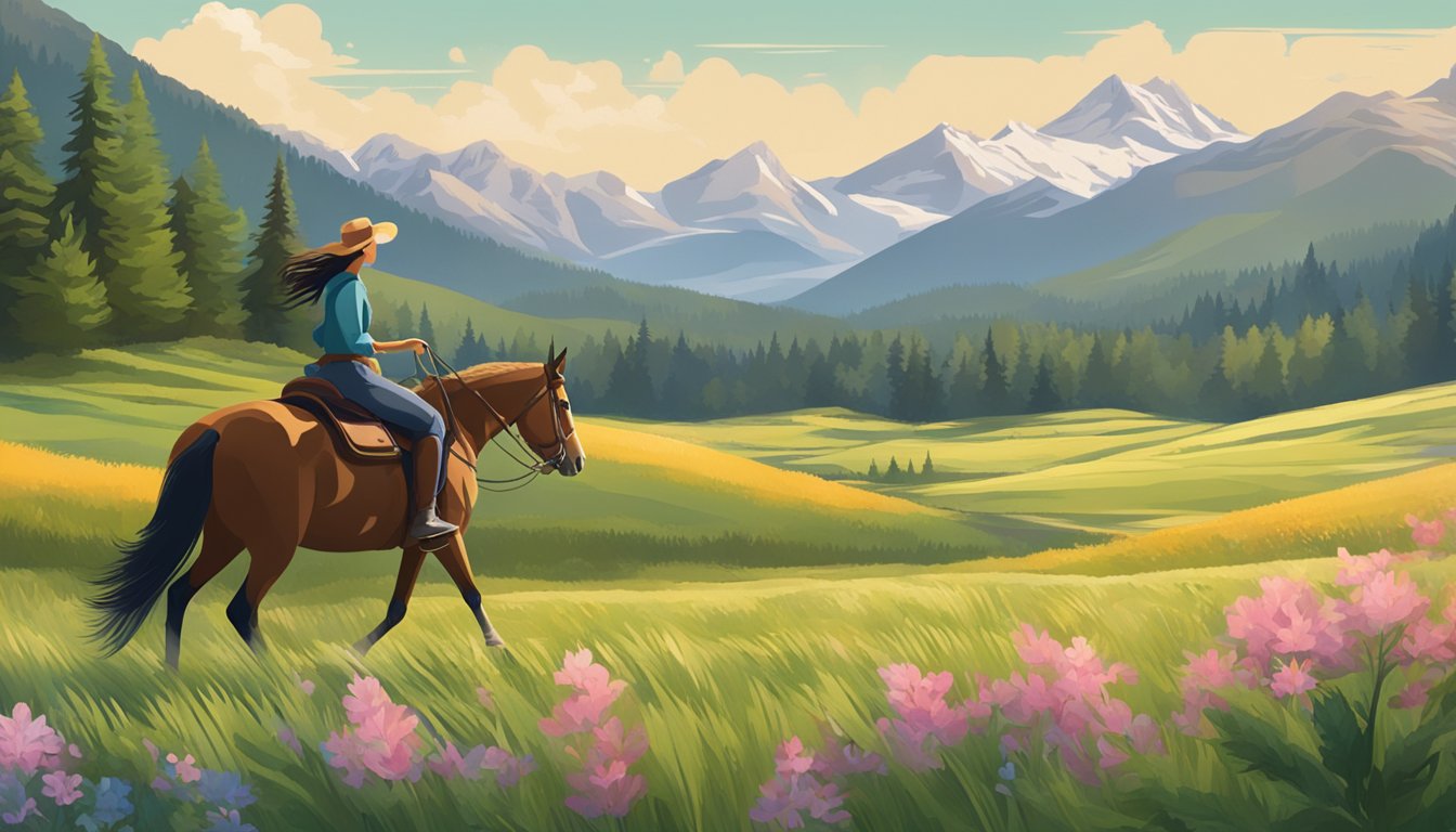 A woman riding a horse through a scenic meadow with mountains in the background