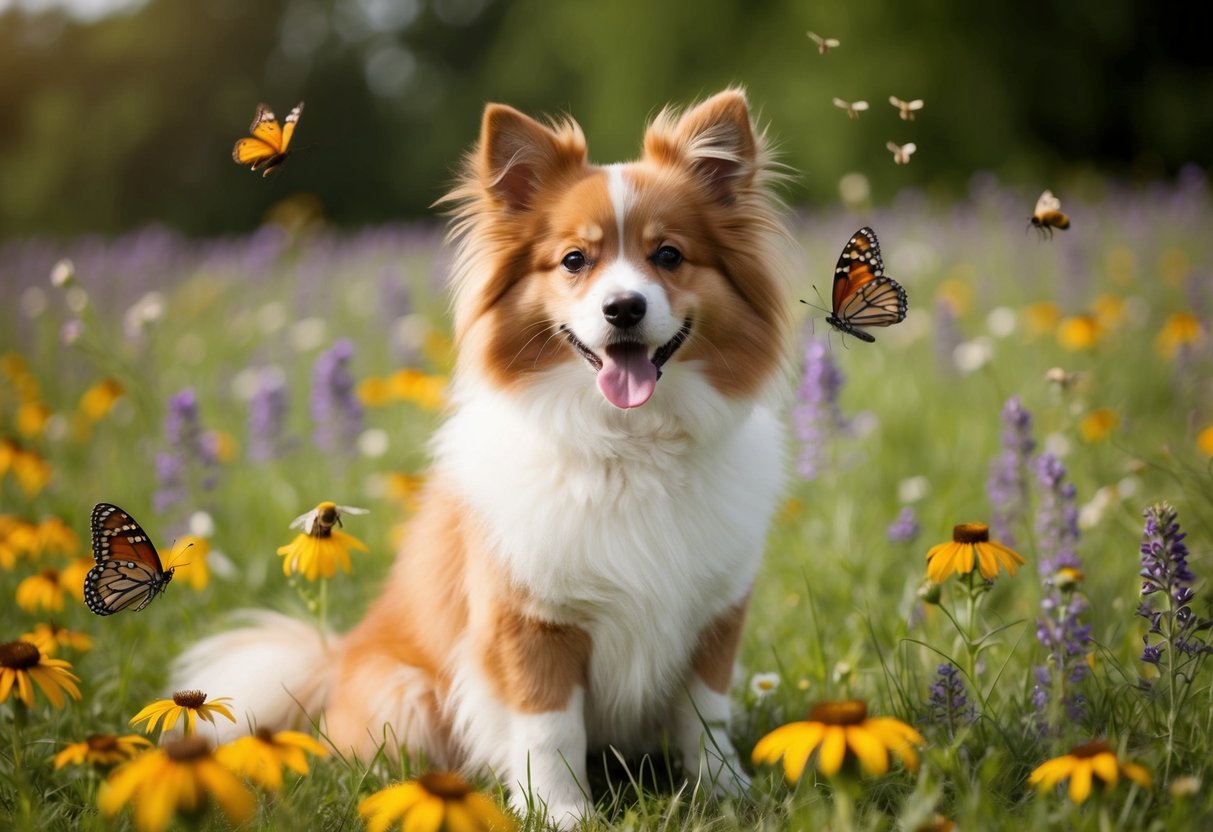 A fluffy dog with a wagging tail and perky ears sits in a field of wildflowers, surrounded by butterflies and bumblebees
