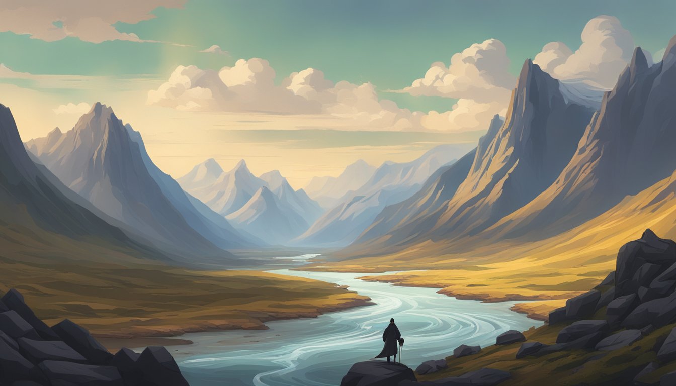 A menacing figure overlooks a vast, rugged landscape, surrounded by towering mountains and a flowing river