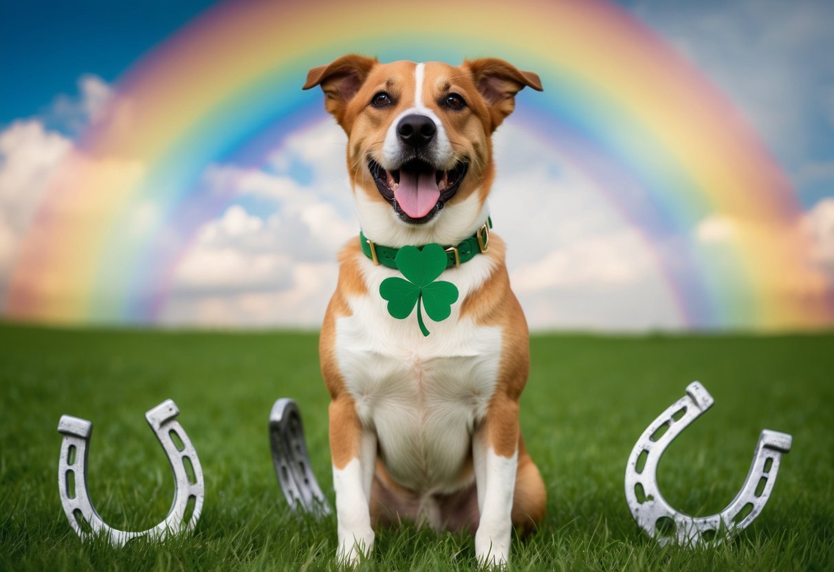 A joyful dog with a four-leaf clover collar, surrounded by horseshoes and surrounded by a rainbow
