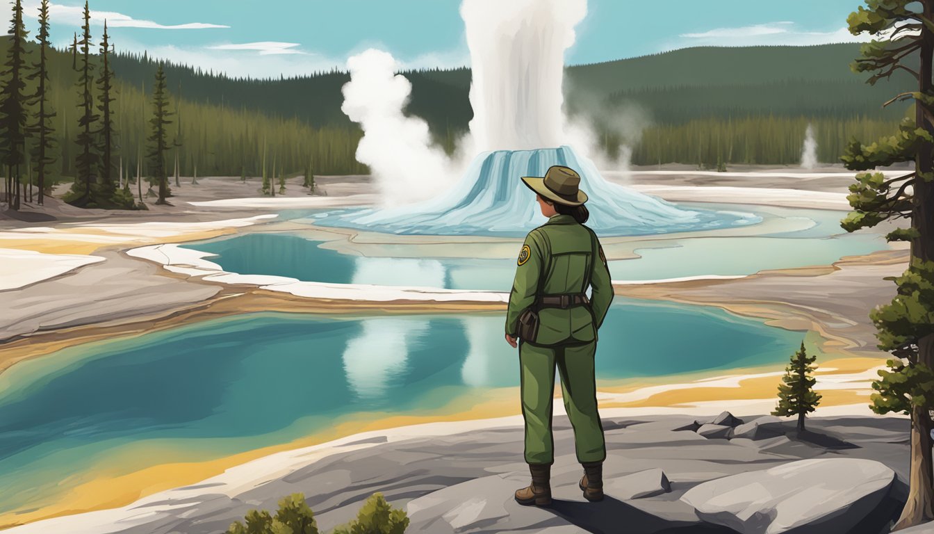 A woman in a ranger uniform stands in front of a geyser, surrounded by the unique landscape of Yellowstone National Park