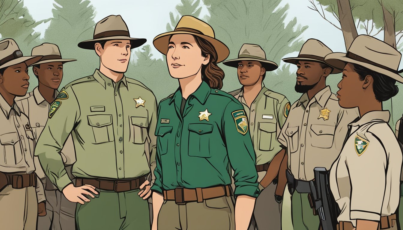 Cassidy Reid stands confidently, surrounded by a group of park rangers, engaging in a discussion about wildlife conservation