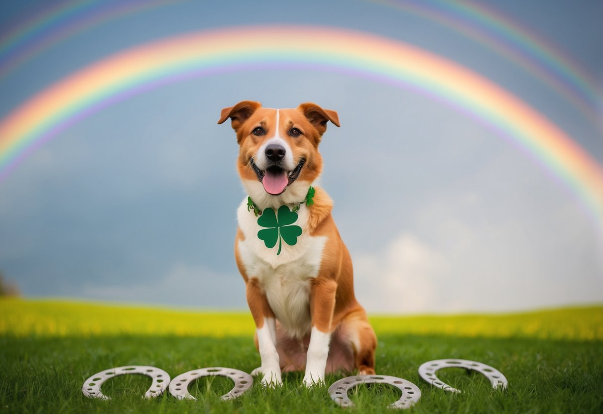 A happy dog with a four-leaf clover collar, surrounded by horseshoes and a rainbow