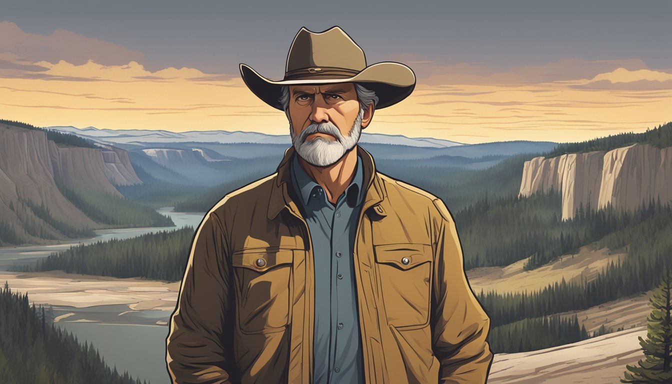 A rugged, middle-aged man with a determined expression, standing in front of the iconic Yellowstone National Park landscape