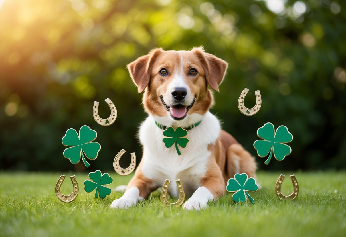 A dog surrounded by four-leaf clovers, horseshoes, and lucky charms