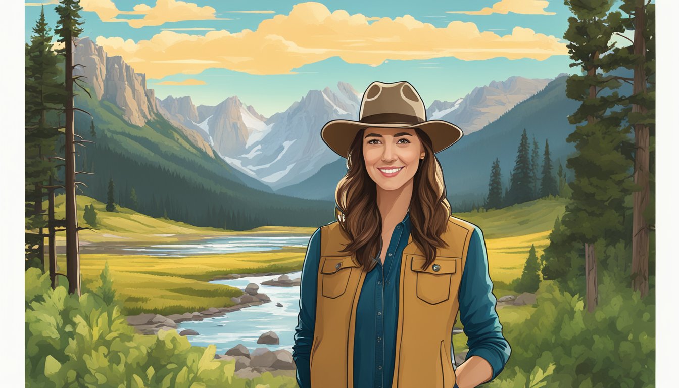 Cassidy Reid stands in front of the iconic Yellowstone sign, surrounded by lush greenery and towering mountains