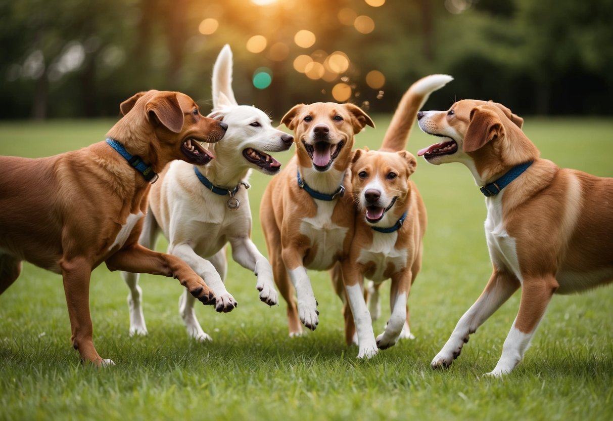 A group of canines engaging in playful interaction and communication