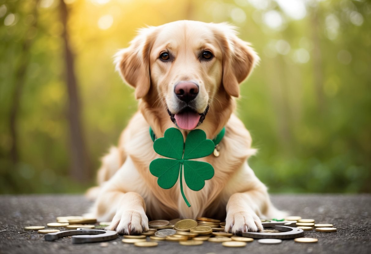 A golden retriever wearing a four-leaf clover collar, surrounded by horseshoes, coins, and lucky charms