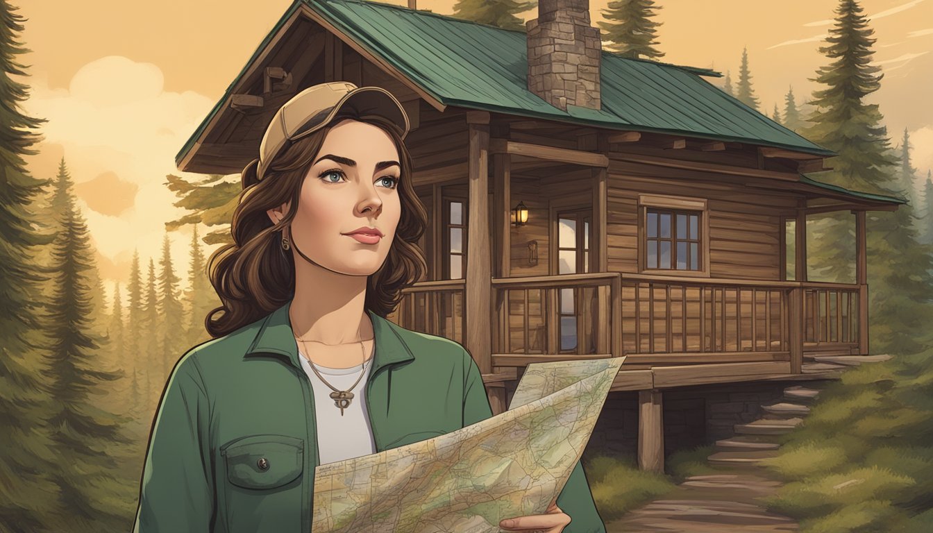 A woman with a determined expression, holding a map and compass, stands in front of a rustic cabin surrounded by towering pine trees