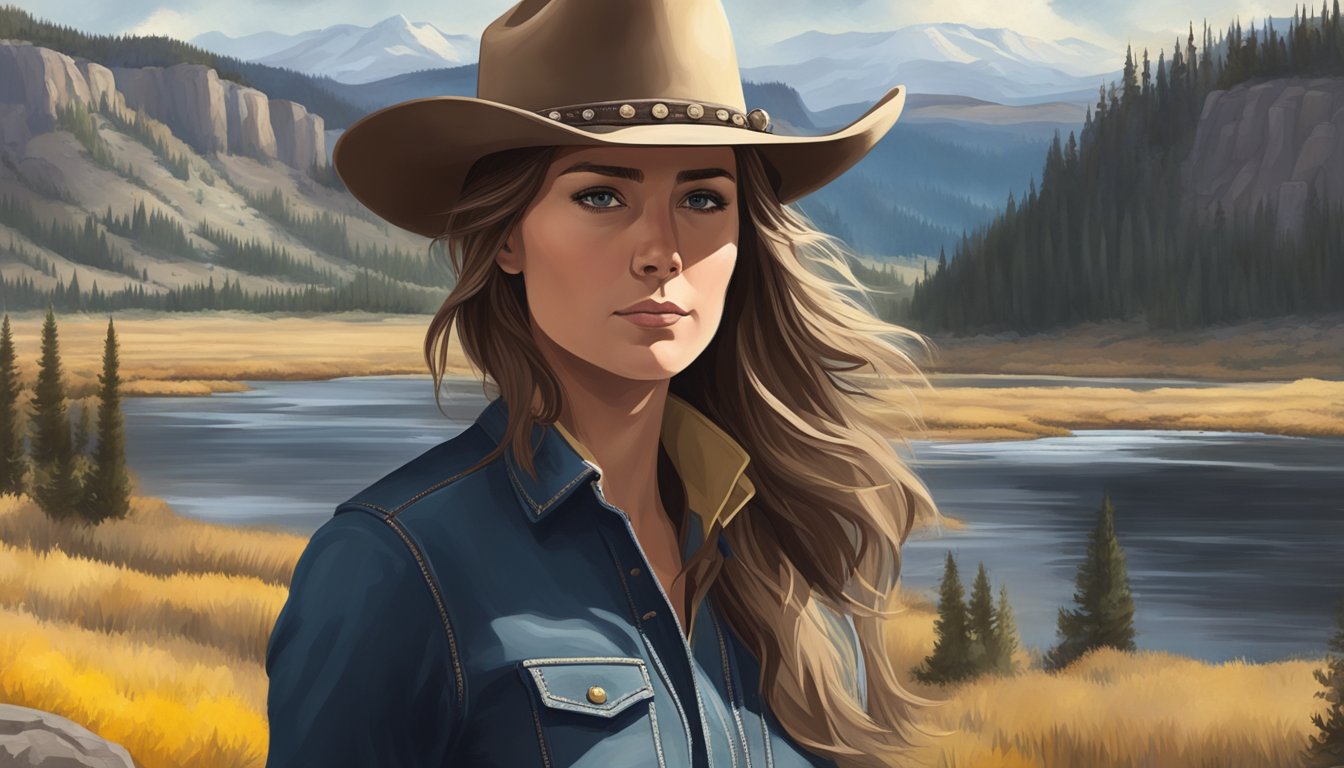 Cassidy Reid standing confidently in a cowboy hat, with a determined look, surrounded by the rugged beauty of the Yellowstone landscape