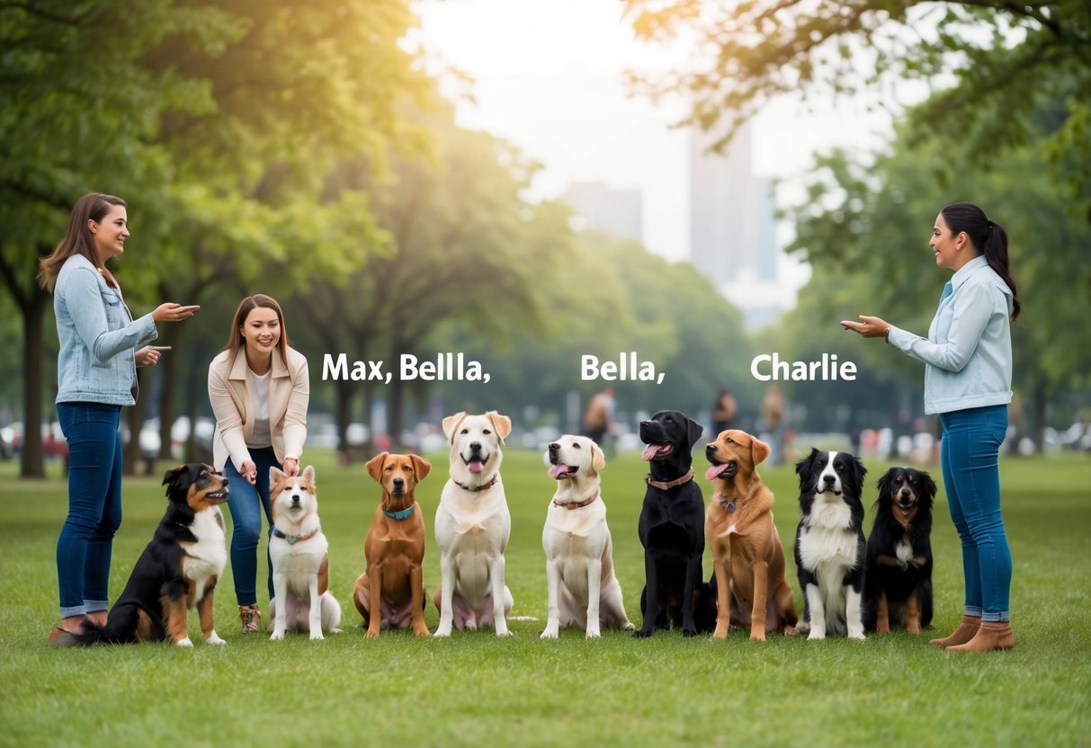 A group of dogs of various breeds and sizes gather in a park, responding to their owners calling out popular dog names like Max, Bella, and Charlie