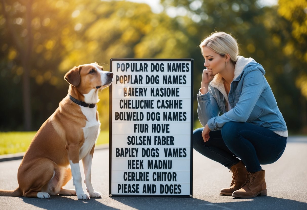 A dog sitting next to a sign with various popular dog names written on it, while its owner looks on and ponders