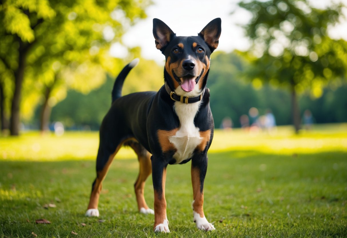 A dog standing in a park, surrounded by nature, with a collar that has no specific gender color