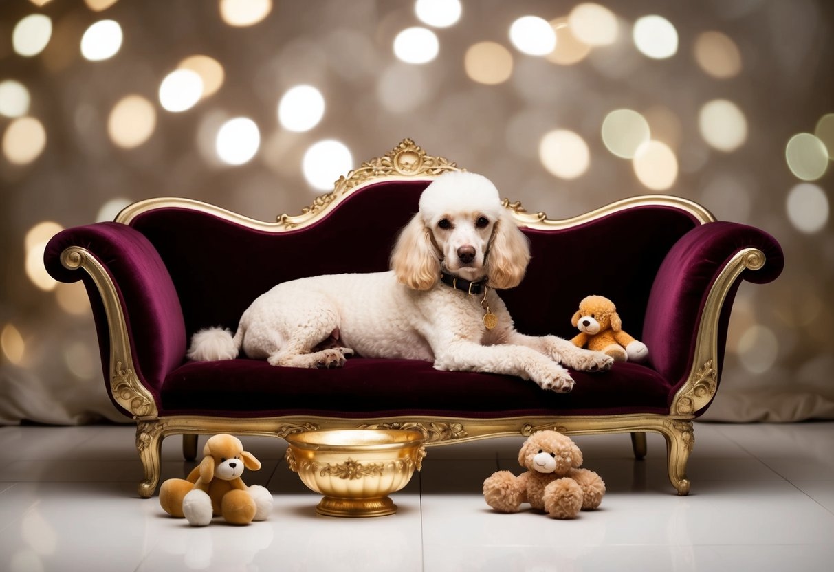 A pampered poodle lounges on a velvet chaise, surrounded by opulent toys and a gilded water bowl
