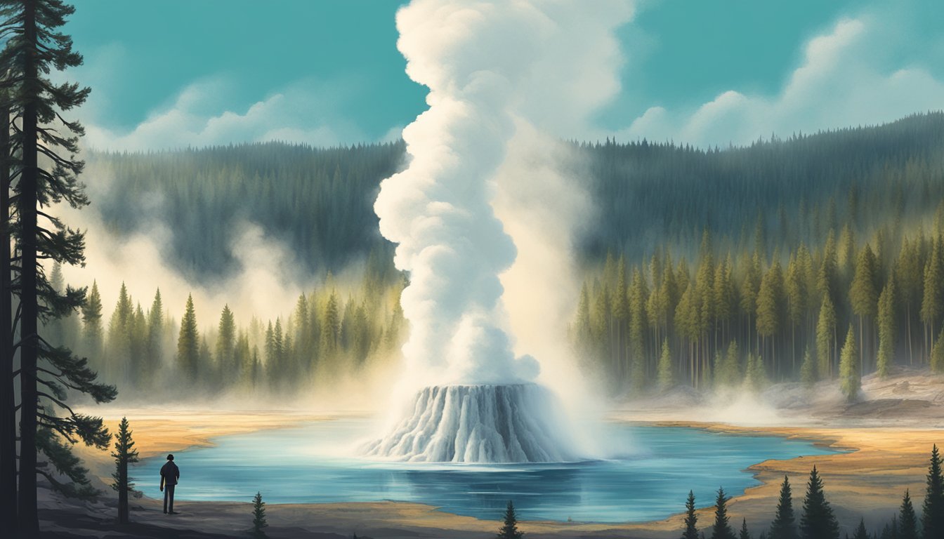 A lone figure stands in front of a steaming geyser, surrounded by towering trees and a vibrant array of wildlife in Yellowstone National Park