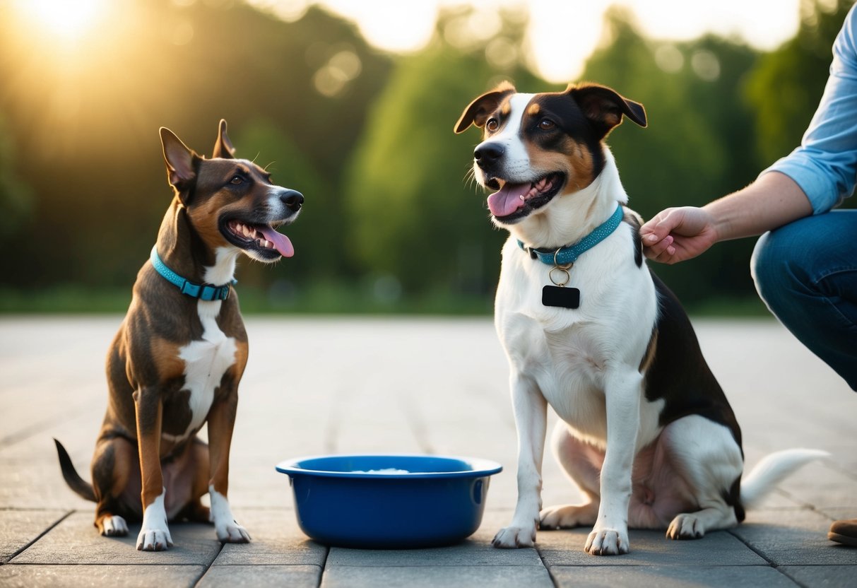 A dog with a wagging tail, sitting next to a bowl of water, while a person holds a collar with a blank name tag