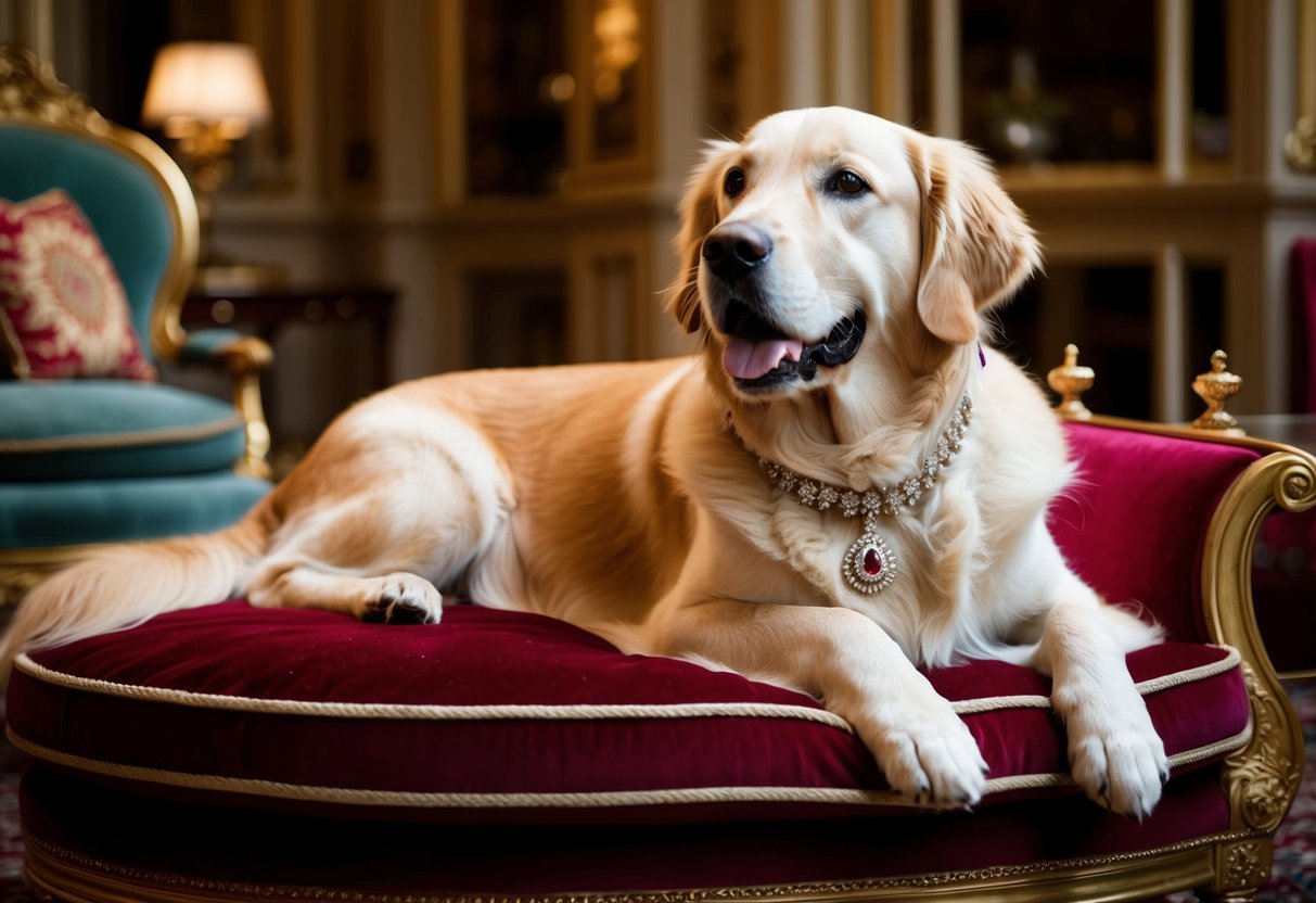 A regal golden retriever lounging on a velvet cushion, adorned with a jeweled collar and surrounded by opulent furnishings