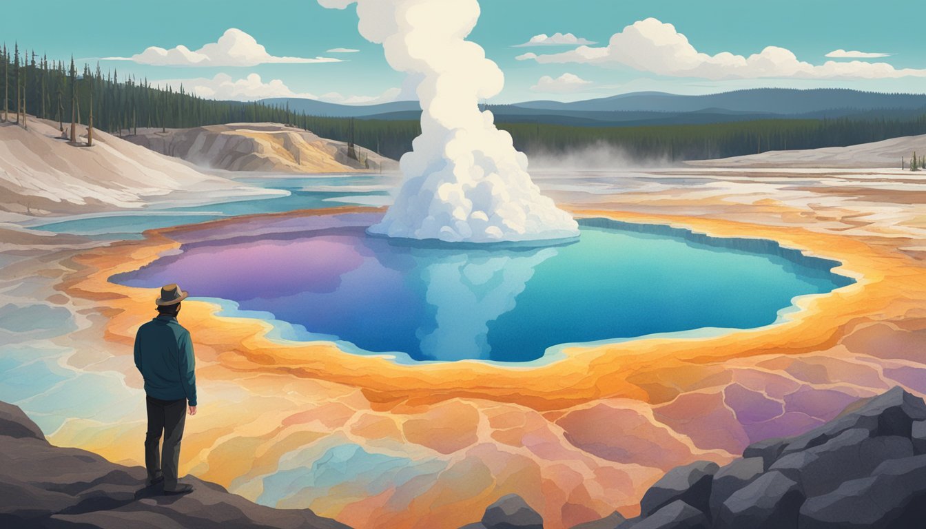 A lone figure stands at the edge of a bubbling hot spring, surrounded by towering geysers and colorful mineral pools in Yellowstone National Park