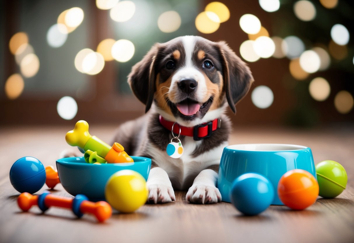 A playful puppy surrounded by toys and a bowl, with a collar showing a gender-neutral name tag