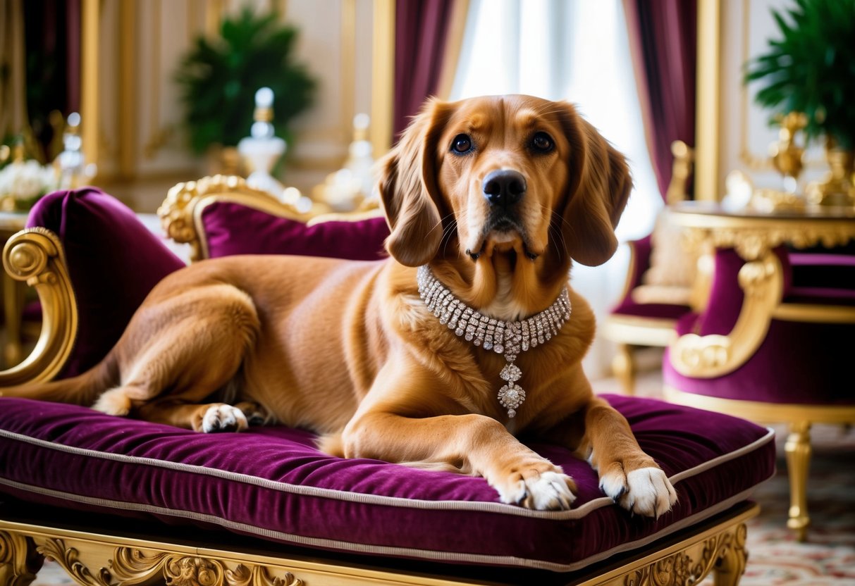 A luxurious, regal-looking dog lounging on a velvet cushion surrounded by opulent decor and adorned with a jeweled collar