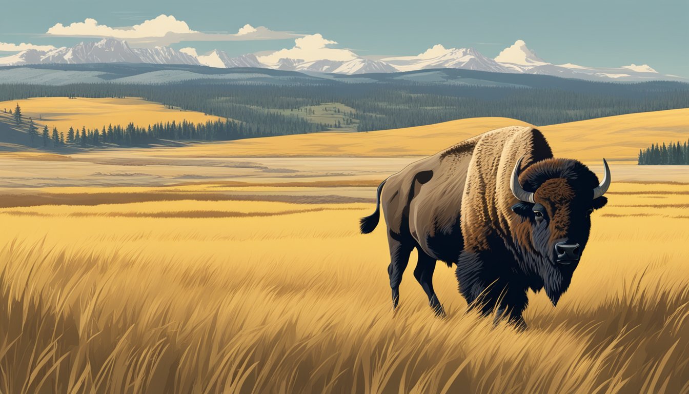 A majestic bison stands in a vast, open field of golden grass, with the iconic Yellowstone National Park landscape in the background