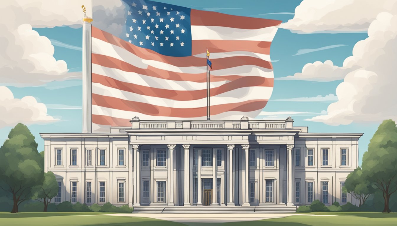 A grand and stately government building with marble columns and an American flag flying proudly in the background